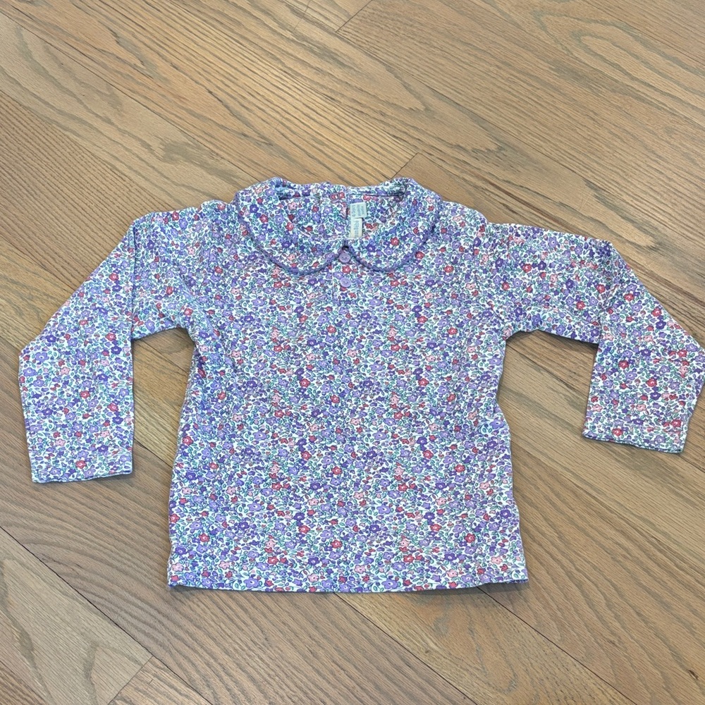 EUC JoJo Maman Bebe long sleeve purple floral top w Peter Pan collar, size 4-5